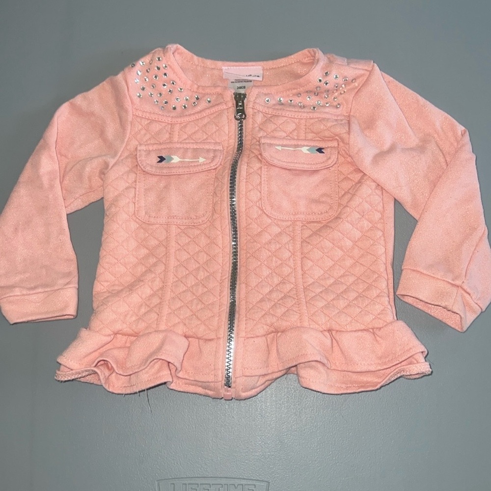 Little Lass Pink Zip Up Jack with Rhinestones & Front Chest Pockets 24 months